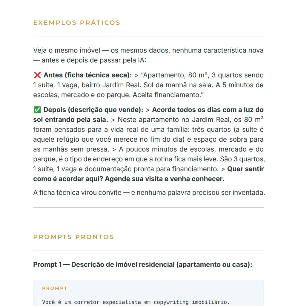 Exemplos práticos e prompts do Manual Secreto do Corretor Exponencial